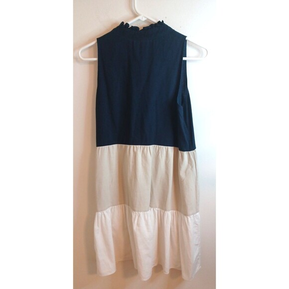 52 Seven Women’s M Linen Blend Color Block  Navy Blue Tan White Tiered Dress - Picture 7 of 9